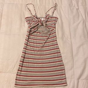 Privacy Please Metallic Cream Red Stripe Tie-Front Mini Dress